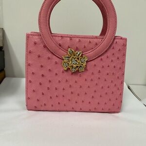 Pink Ostrich Studded Top-Handle Bag with Gold Floral Accent